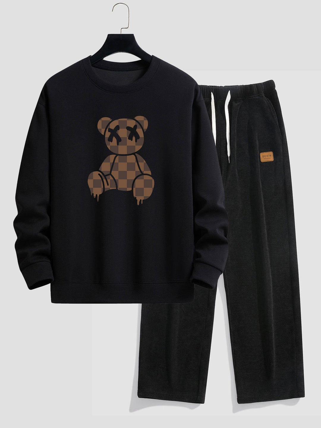 Checkerboard Dissolving Bear Print Relax Fit Sweatshirt & Straight Leg Corduroy Pants
