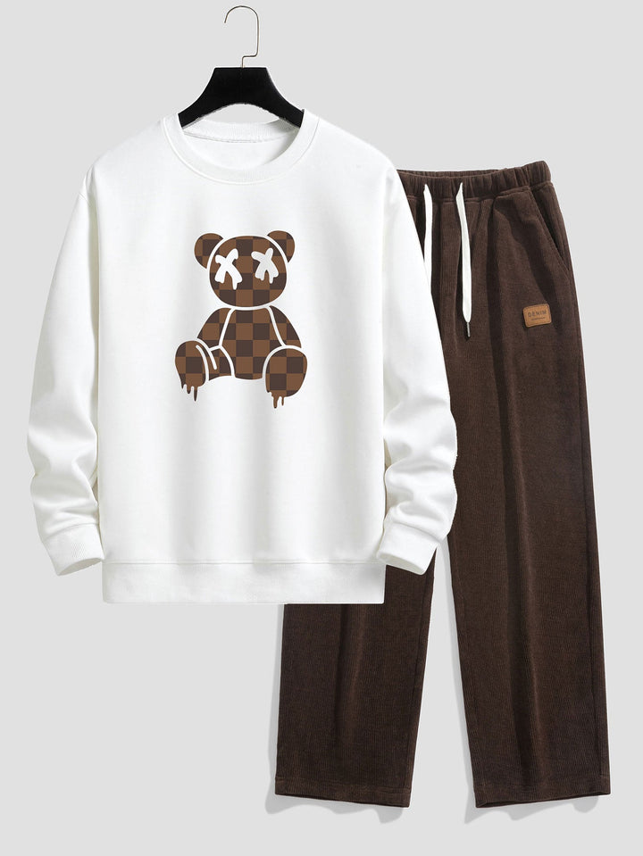 Checkerboard Dissolving Bear Print Relax Fit Sweatshirt & Straight Leg Corduroy Pants