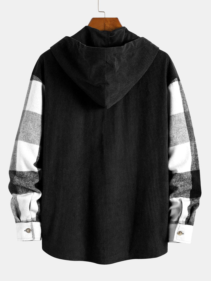 Relax Fit Flannel Ruit Corduroy Patchwork Hoodie Shirt & Corduroy Cargo Jogger Broek
