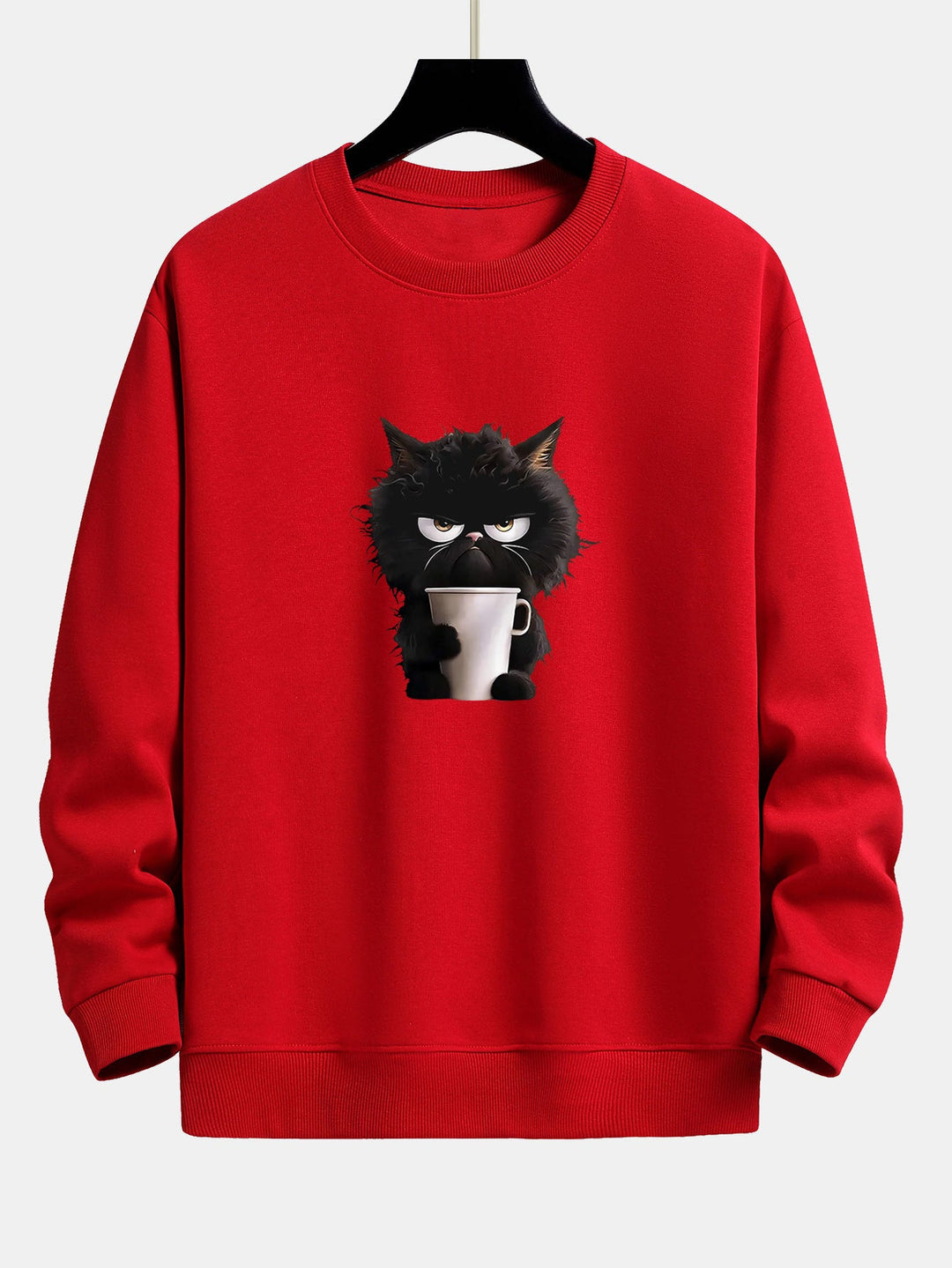 Zwarte Kat Drinkende Koffie Print Relax Fit Sweatshirt