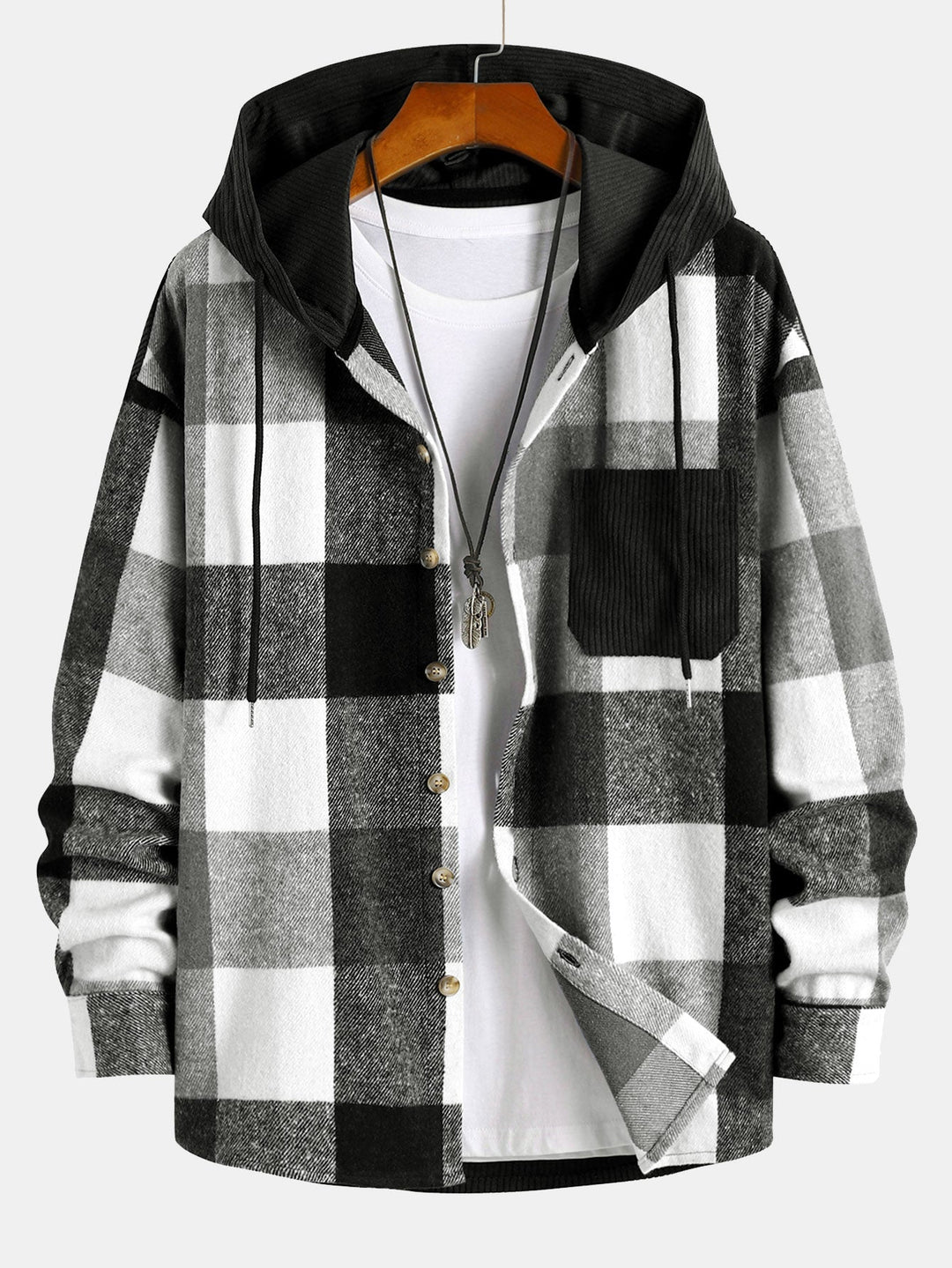Relax Fit Flanel Ruit Corduroy Patchwork Hoodie Shirt