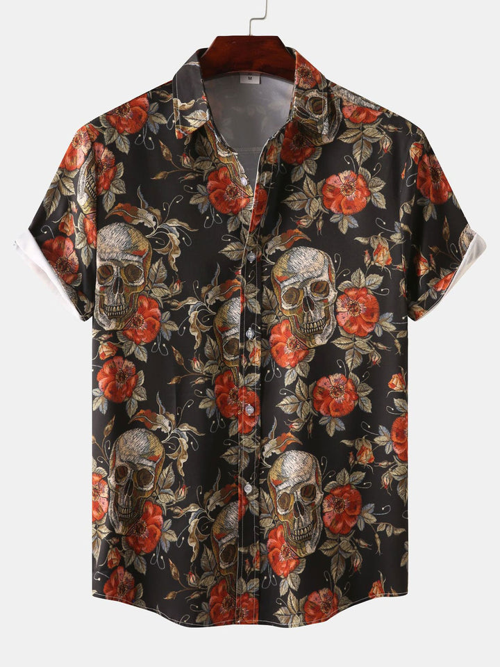 Rozen schedelprint knoopshirt