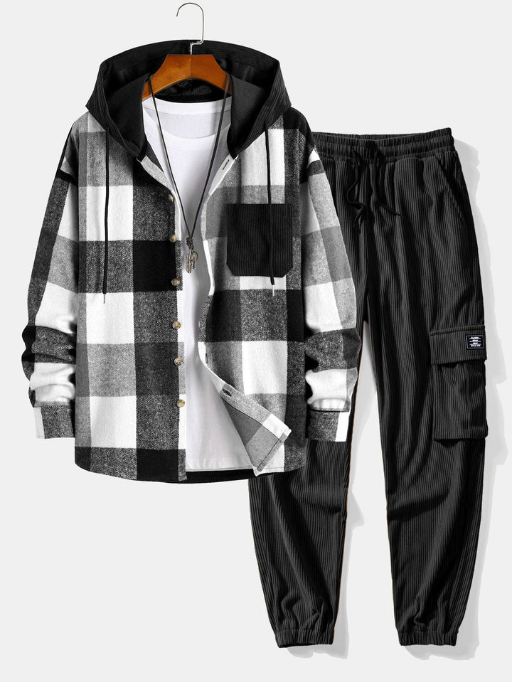 Relax Fit Flannel Ruit Corduroy Patchwork Hoodie Shirt & Corduroy Cargo Jogger Broek