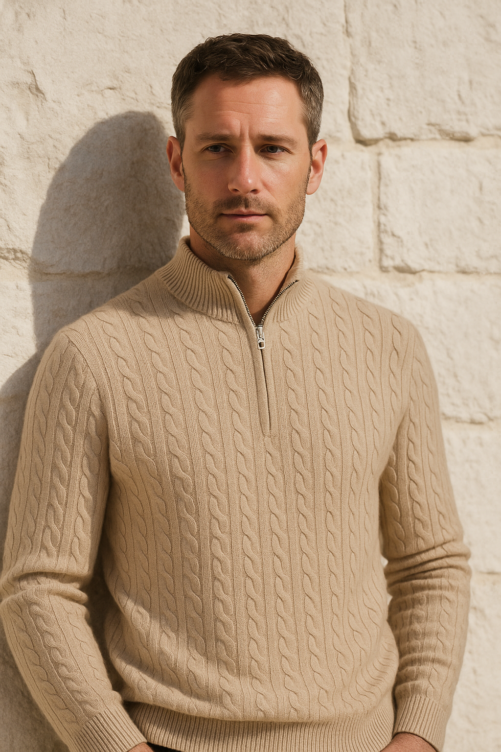 Lerano Cashmere Half-Zip Knit Beige