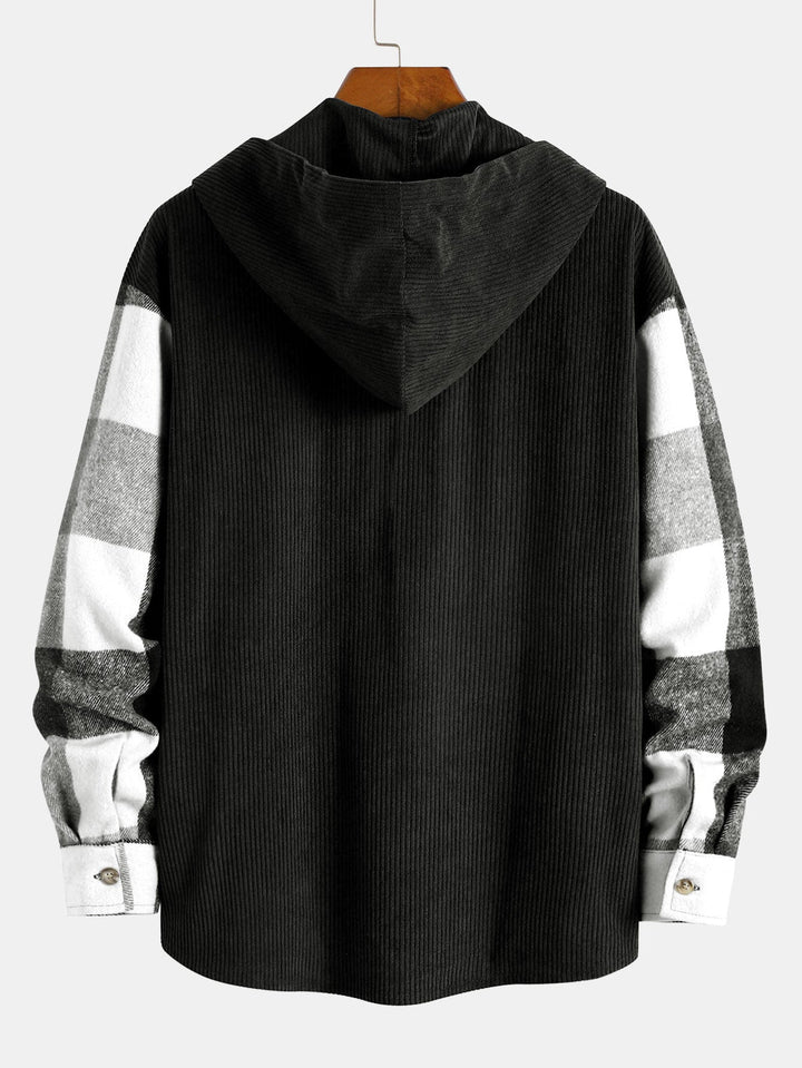 Relax Fit Flanel Ruit Corduroy Patchwork Hoodie Shirt