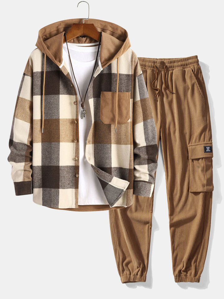 Relax Fit Flannel Ruit Corduroy Patchwork Hoodie Shirt & Corduroy Cargo Jogger Broek