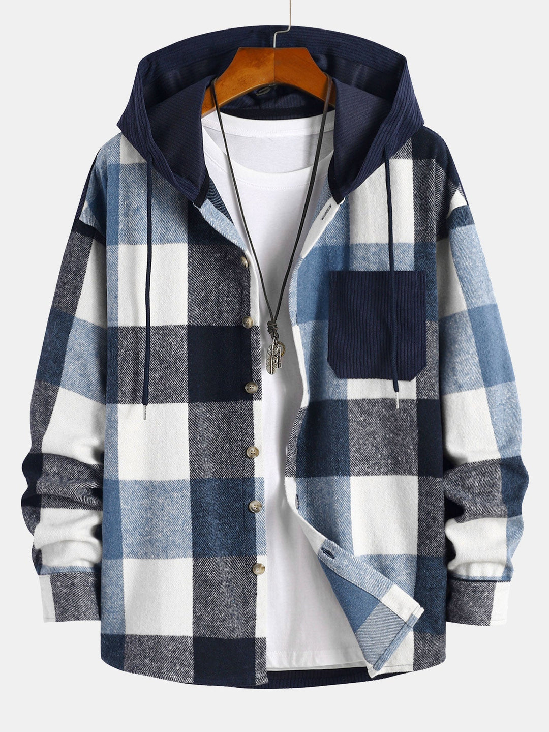 Relax Fit Flanel Ruit Corduroy Patchwork Hoodie Shirt