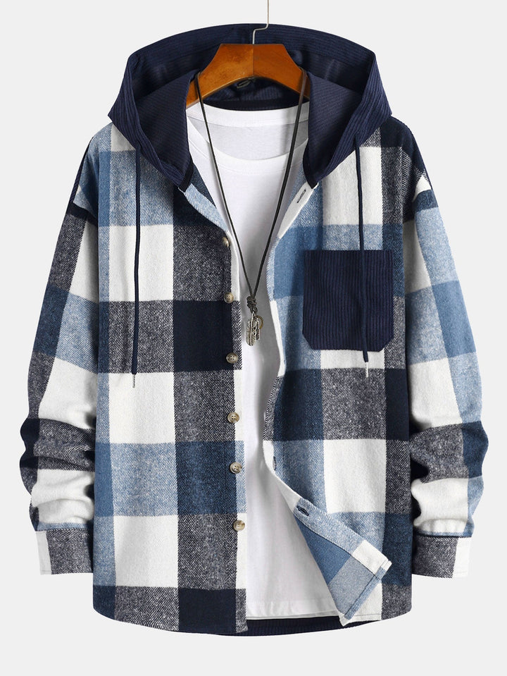 Relax Fit Flanel Ruit Corduroy Patchwork Hoodie Shirt