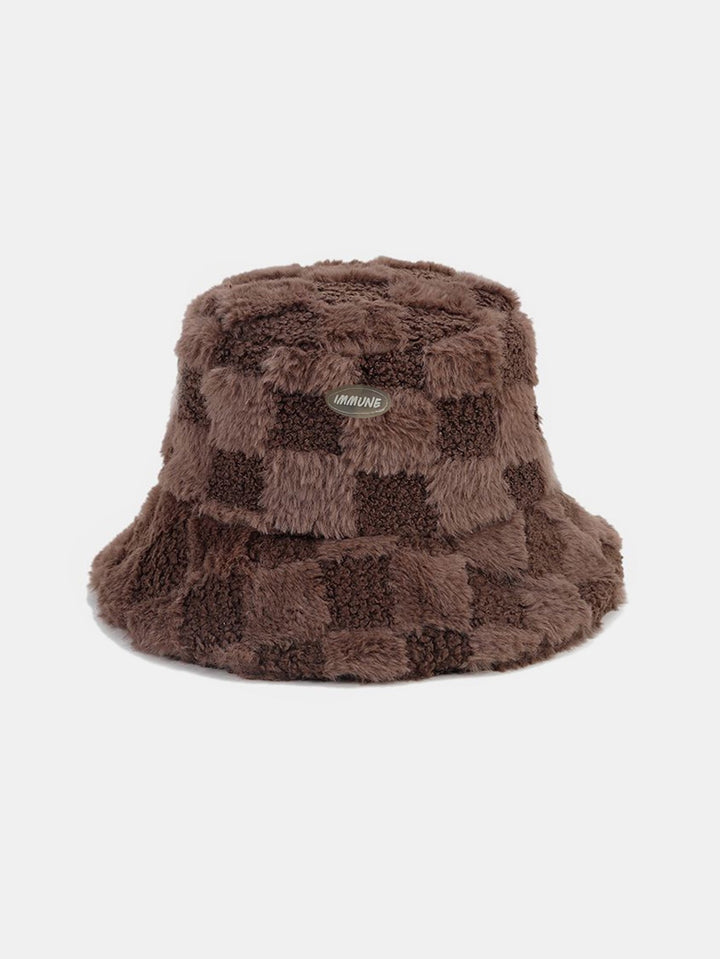 Check Plush Warm Faux Fur Bucket Hat