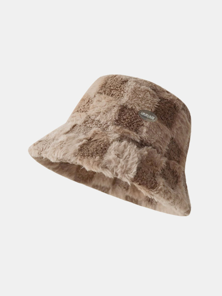 Check Plush Warm Faux Fur Bucket Hat