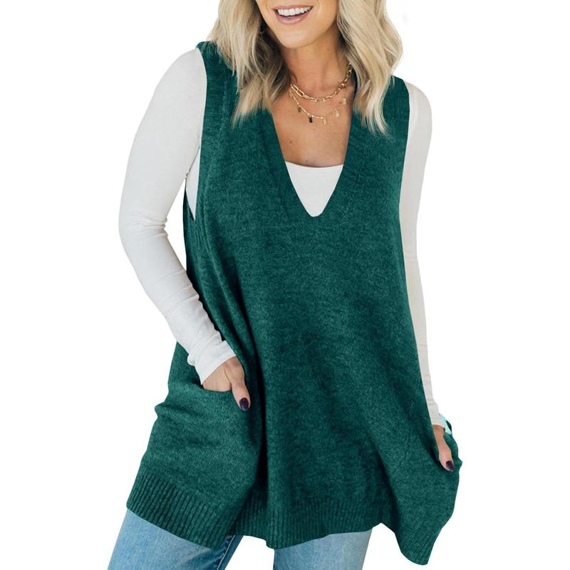 AMBER™ - Casual Sleeveless V Neck Tunic Knit Vest with Side Pockets