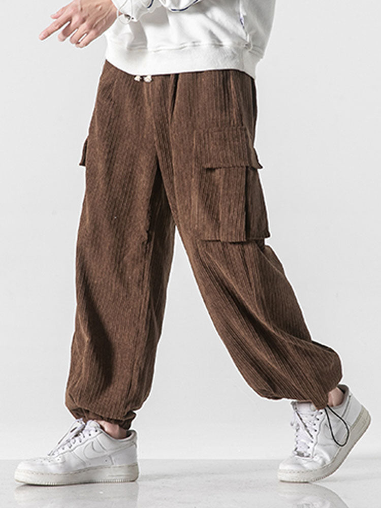 Relaxed Fit Touwsluiting Hem Corduroy Cargo Broek