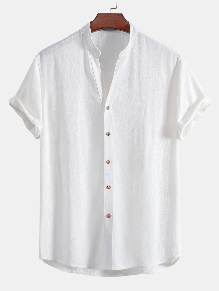 Korte Mouwen V-Hals Linnen Rayon Mix Shirt