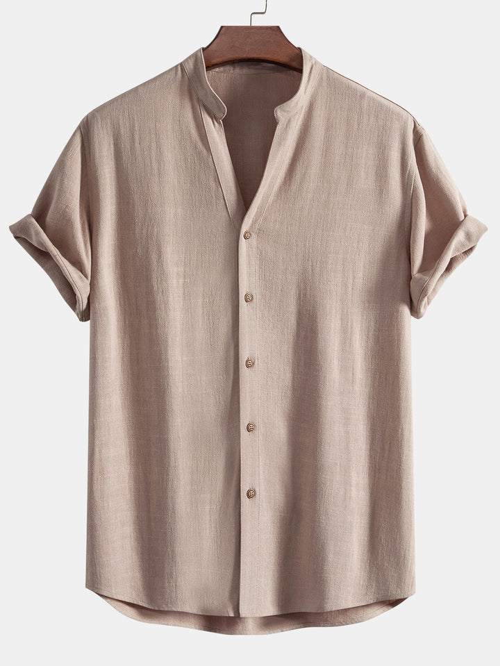 Korte Mouwen V-Hals Linnen Rayon Mix Shirt