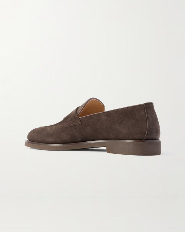 Leather-Trimmed Suede Penny Loafers - brown