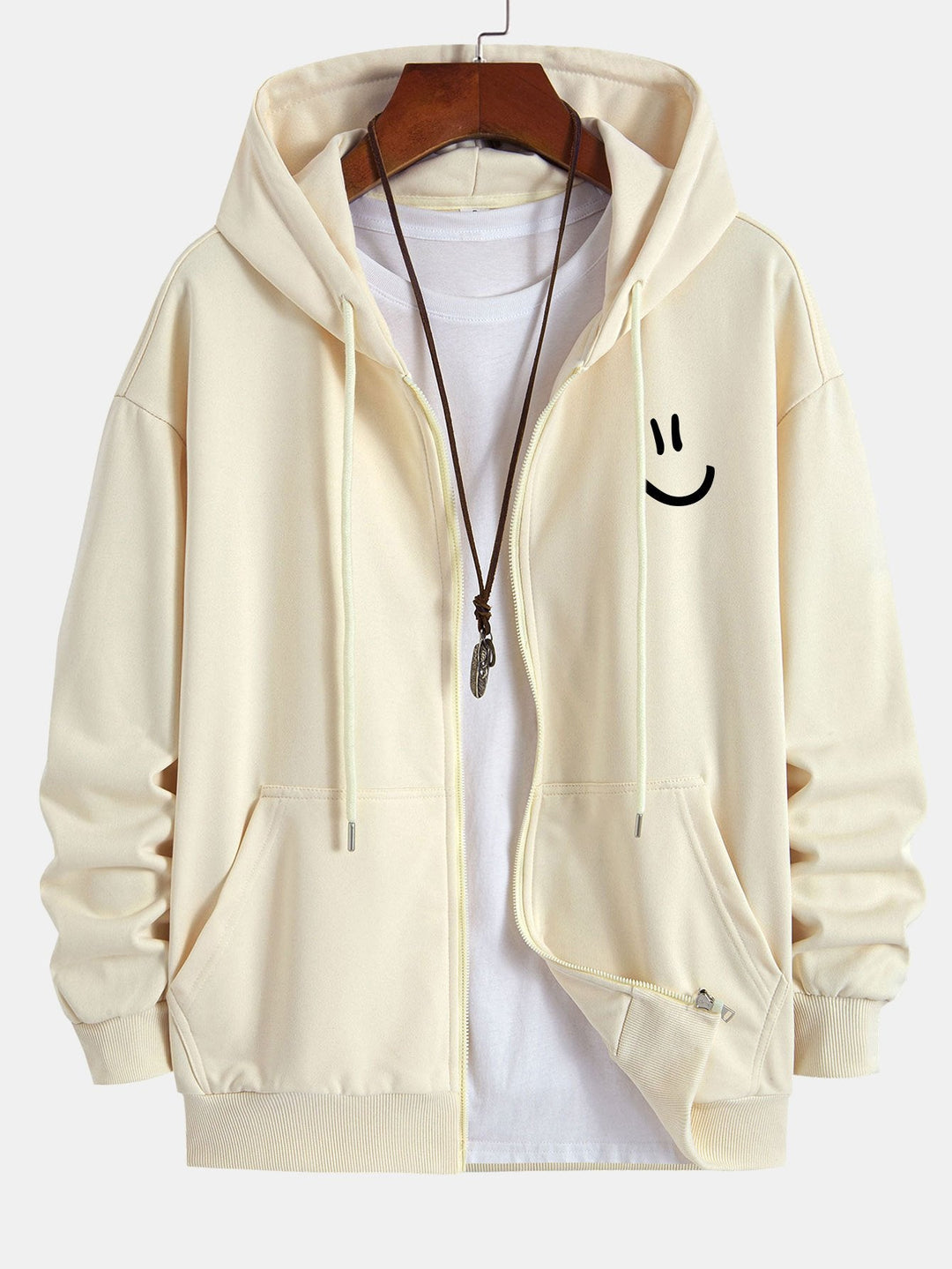 Smiley Face Print Relax Fit Zip Hoodie
