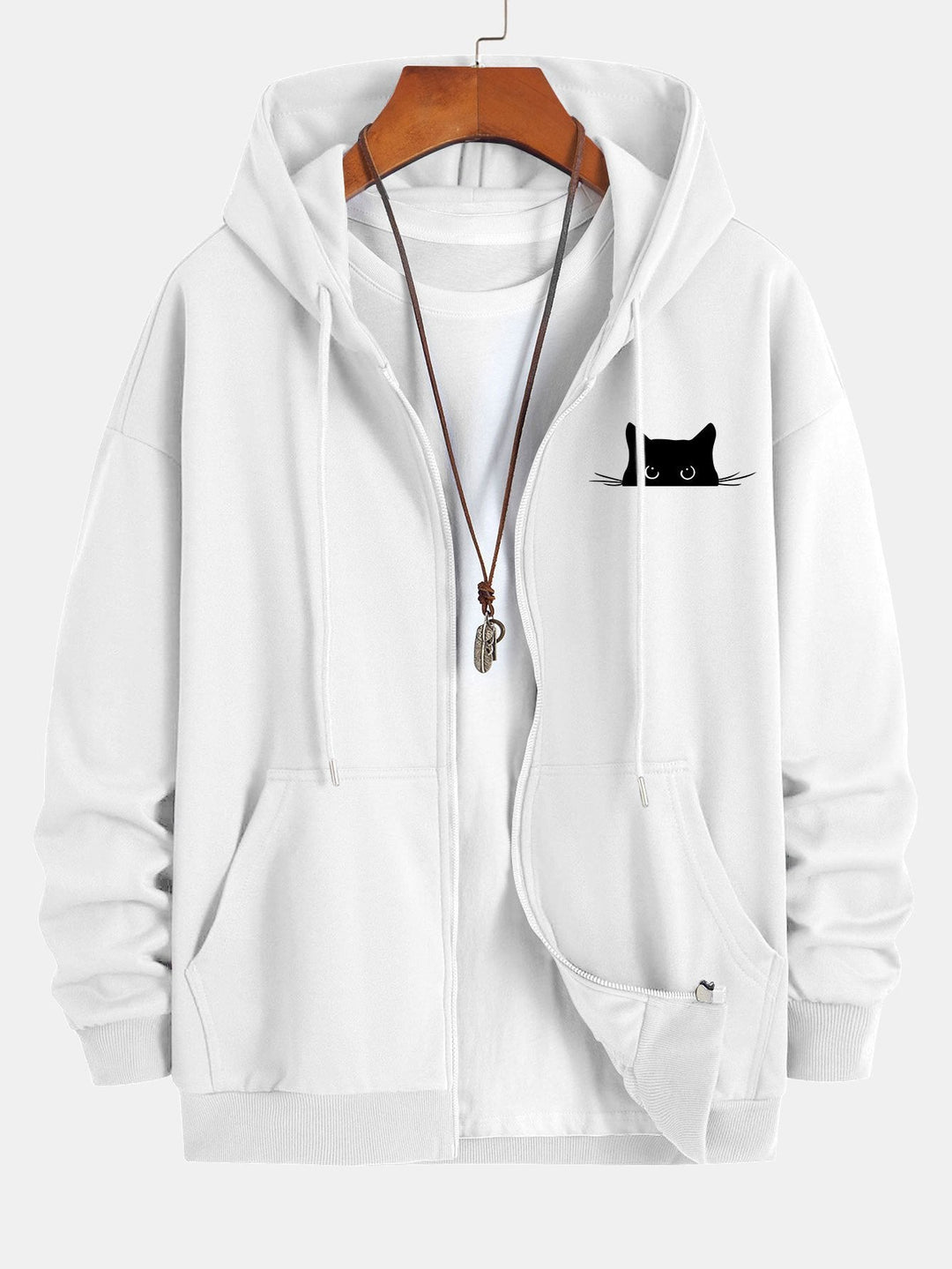 Zwarte Kat Print Relax Fit Zip Hoodie