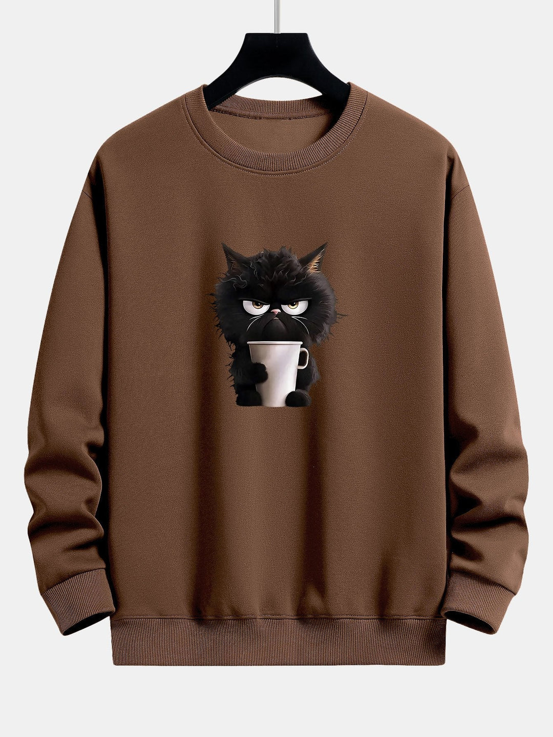 Zwarte Kat Drinkende Koffie Print Relax Fit Sweatshirt