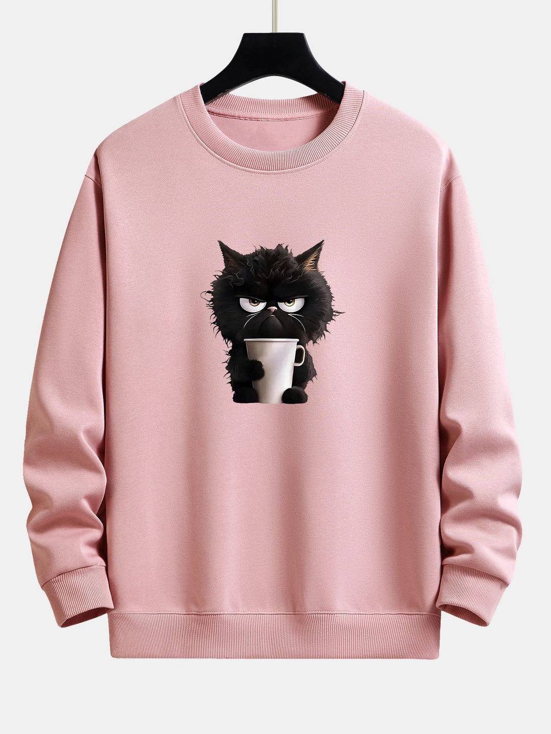 Zwarte Kat Drinkende Koffie Print Relax Fit Sweatshirt