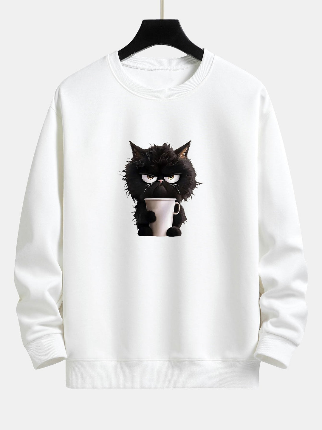 Zwarte Kat Drinkende Koffie Print Relax Fit Sweatshirt