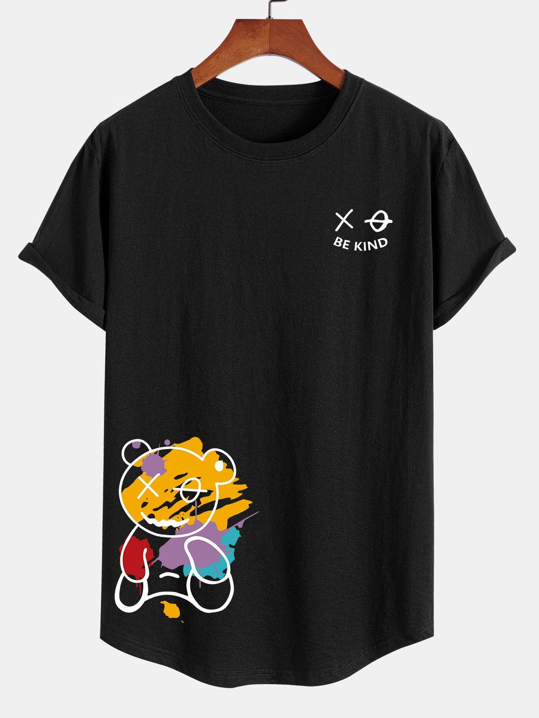 Graffiti Bear Print Katoenen Arc Hem T-Shirt