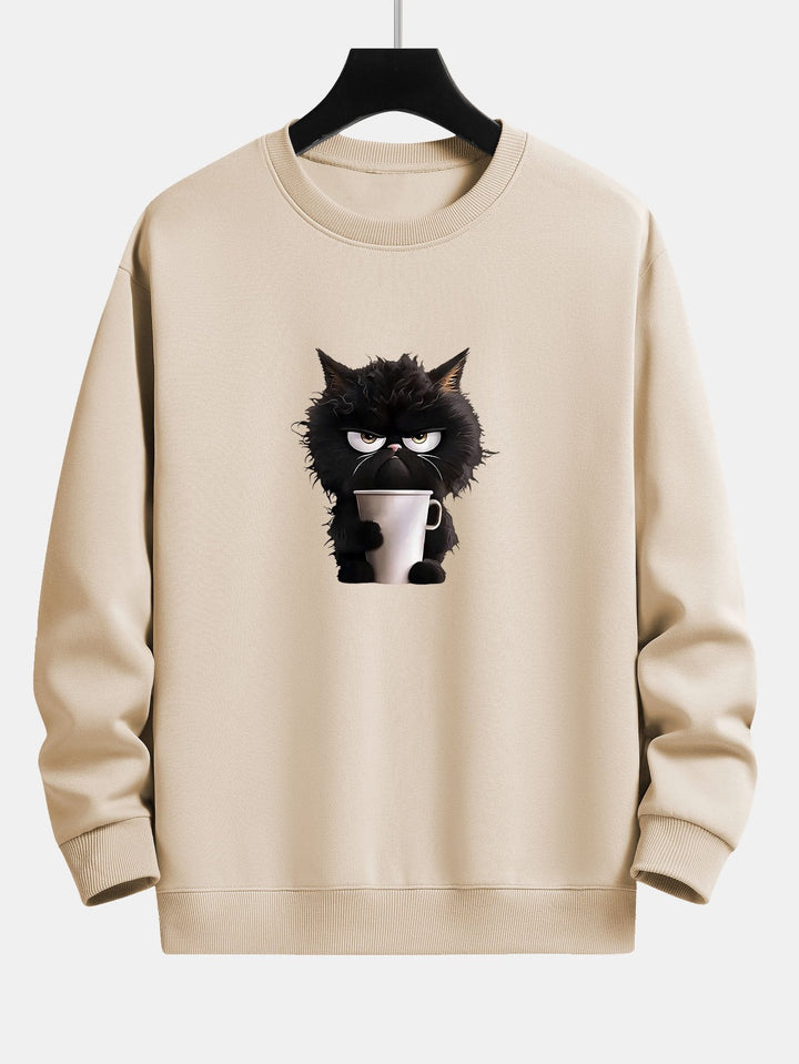 Zwarte Kat Drinkende Koffie Print Relax Fit Sweatshirt