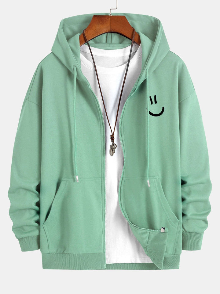 Smiley Face Print Relax Fit Zip Hoodie