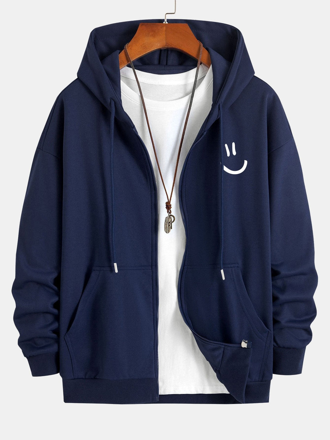 Smiley Face Print Relax Fit Zip Hoodie