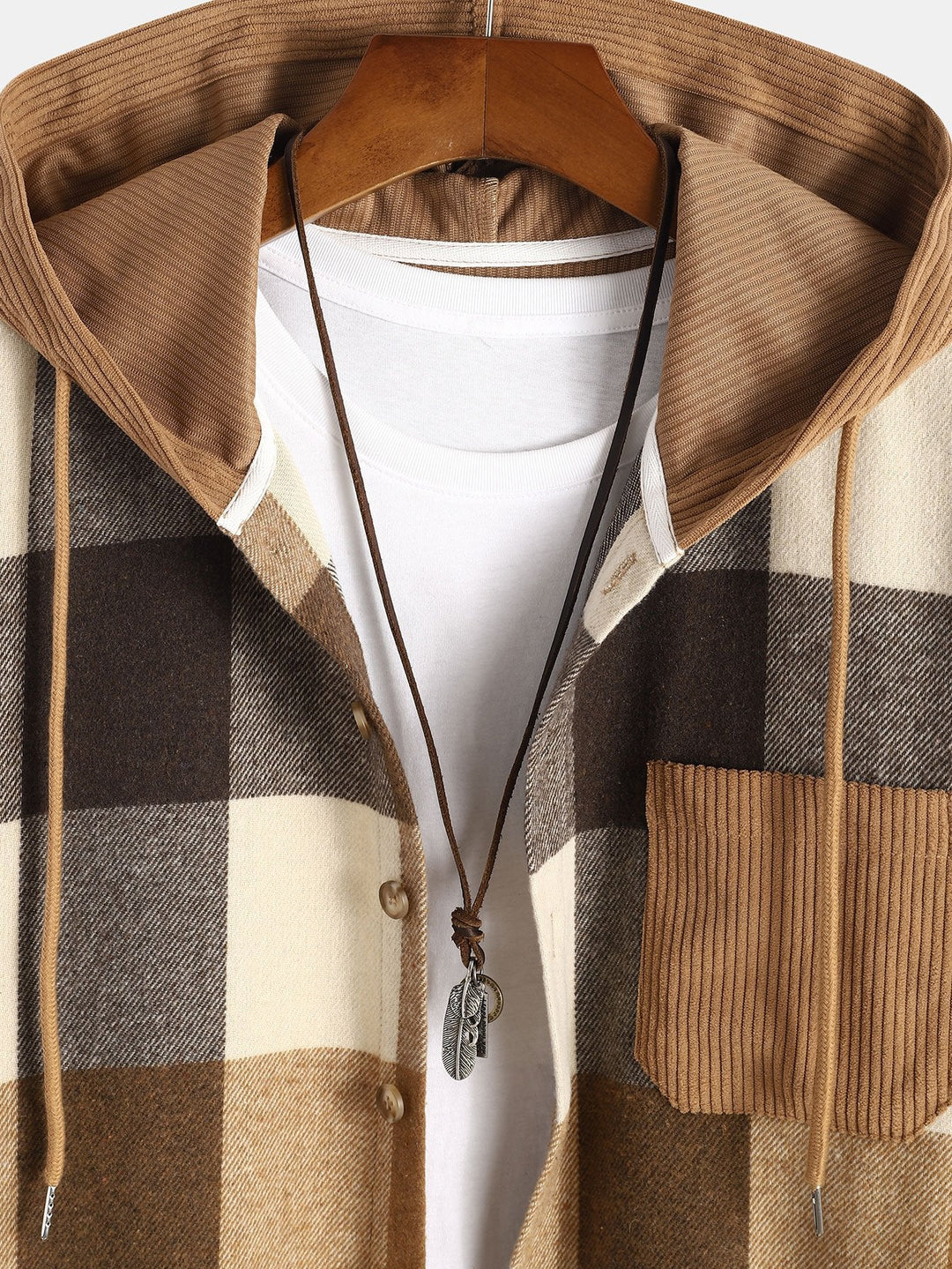 Relax Fit Flanel Ruit Corduroy Patchwork Hoodie Shirt