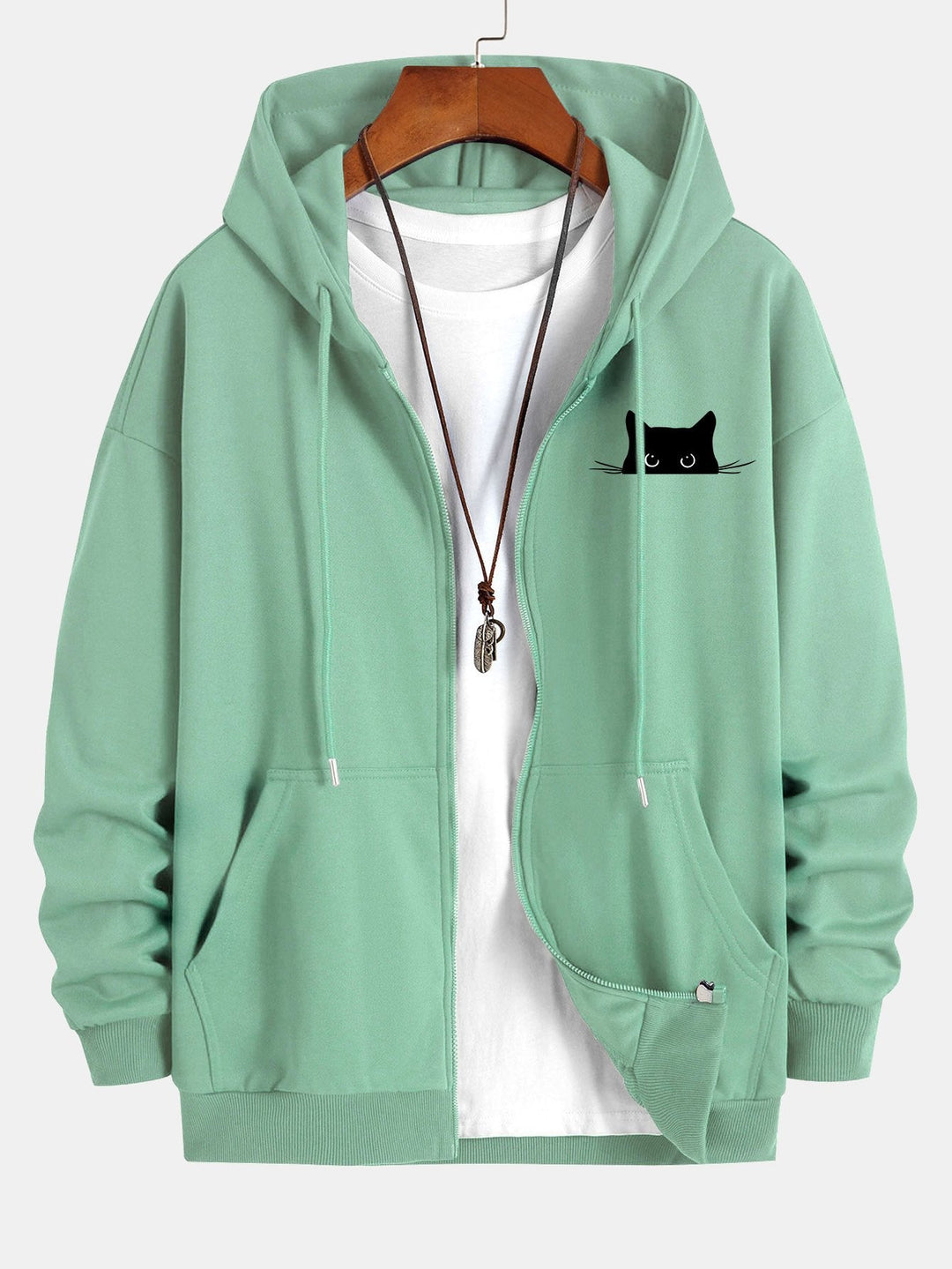 Zwarte Kat Print Relax Fit Zip Hoodie