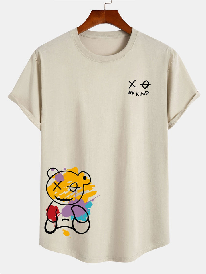 Graffiti Bear Print Katoenen Arc Hem T-Shirt
