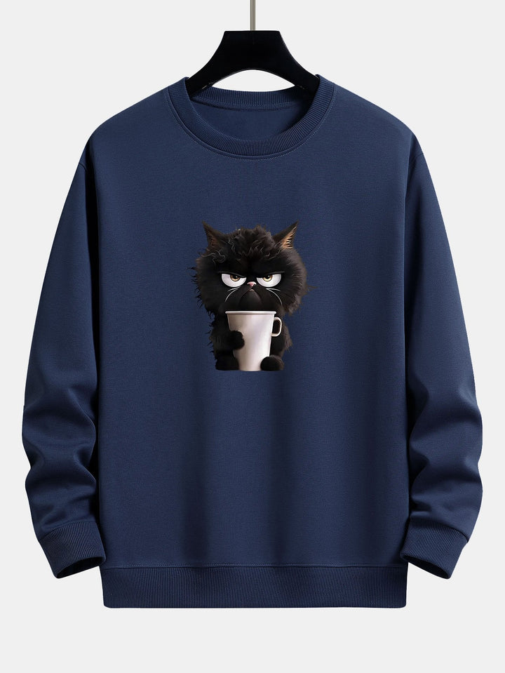 Zwarte Kat Drinkende Koffie Print Relax Fit Sweatshirt