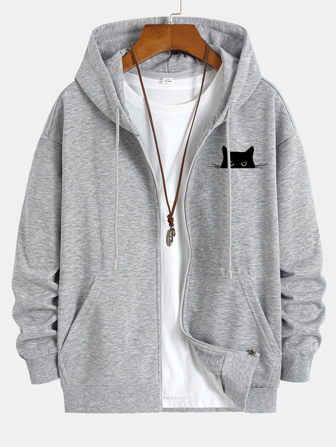 Zwarte Kat Print Relax Fit Zip Hoodie