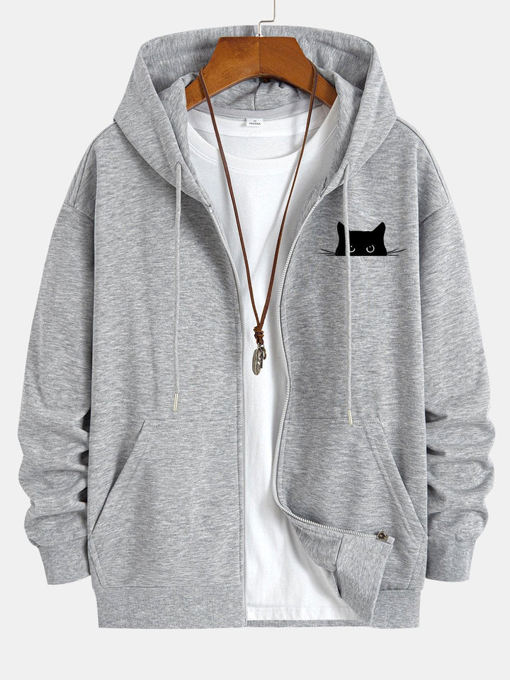 Zwarte Kat Print Relax Fit Zip Hoodie
