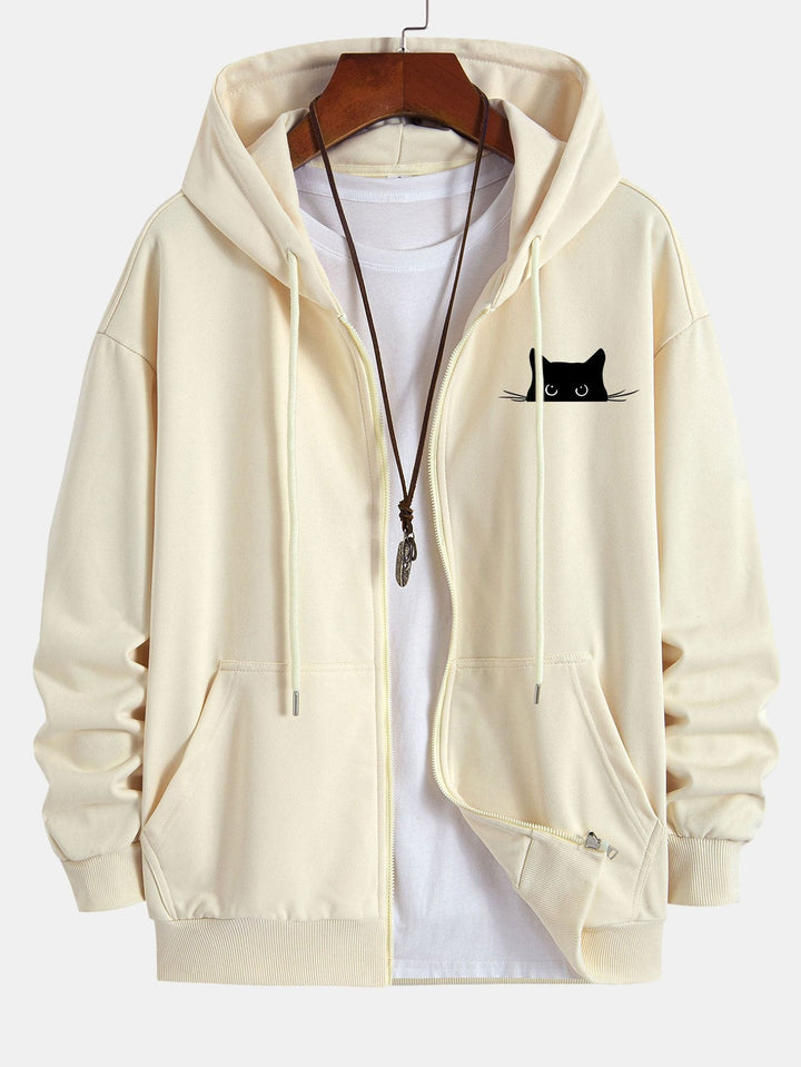 Zwarte Kat Print Relax Fit Zip Hoodie