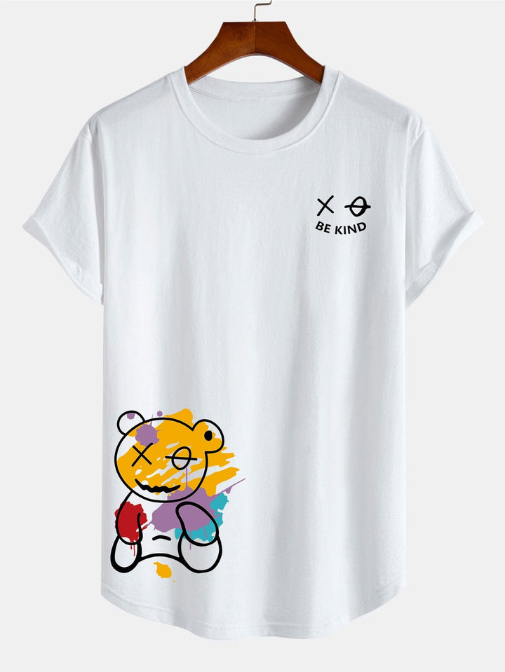 Graffiti Bear Print Katoenen Arc Hem T-Shirt