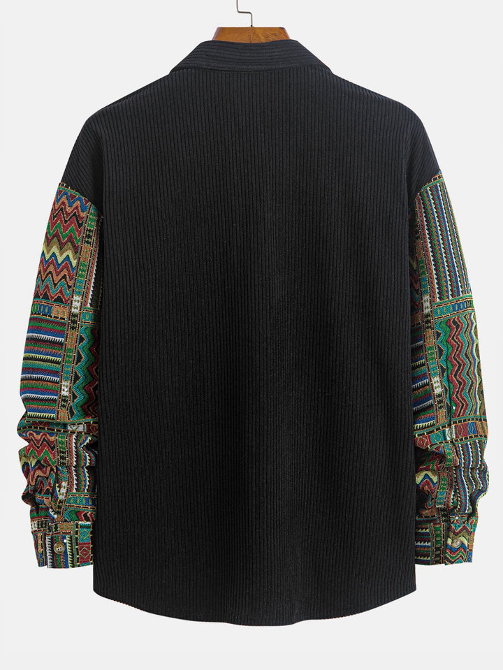 Relax Fit Etnische Geometrische Corduroy Patchwork Shirt # Willekeurig Patroon Ontwerp #