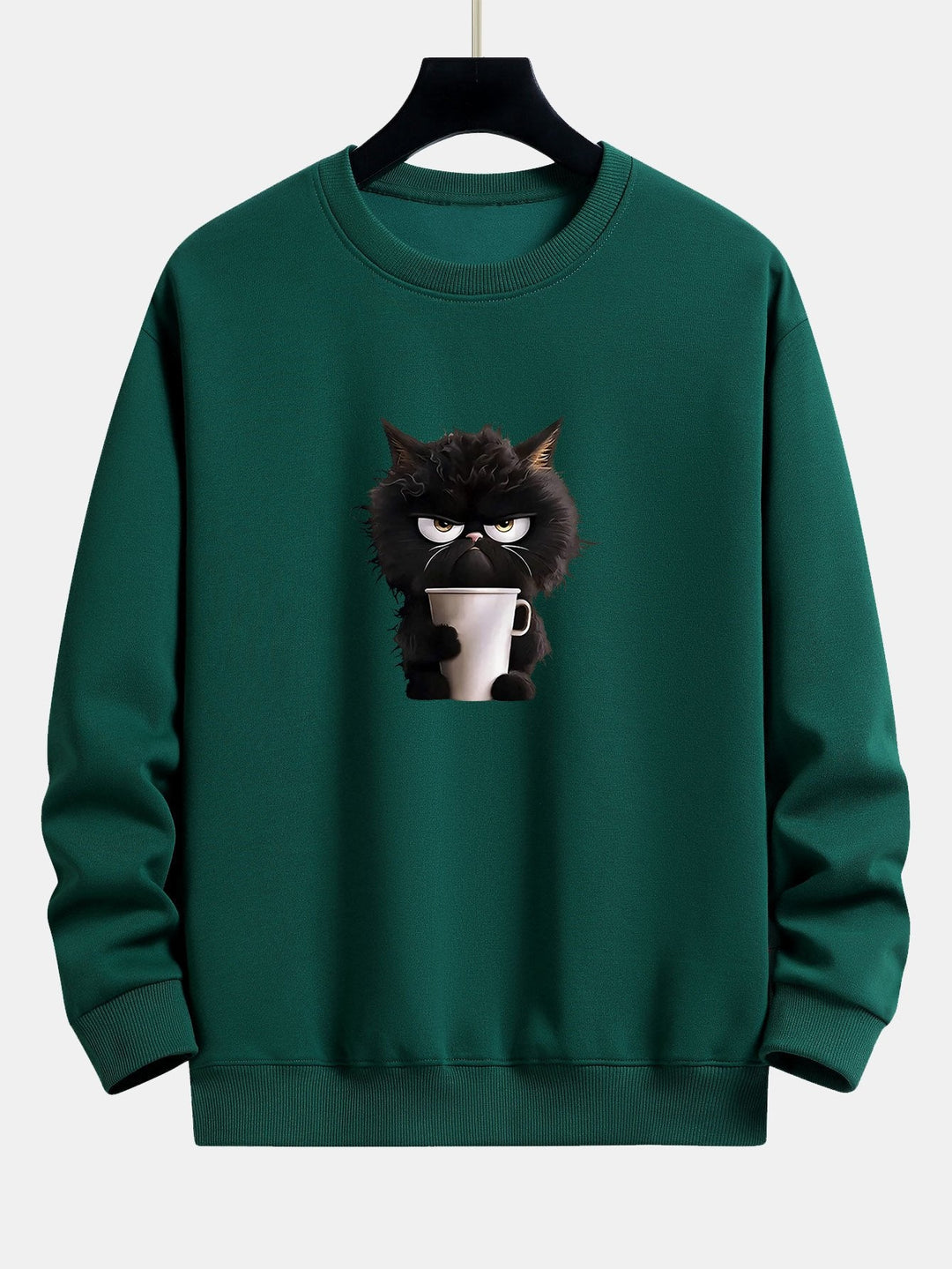 Zwarte Kat Drinkende Koffie Print Relax Fit Sweatshirt