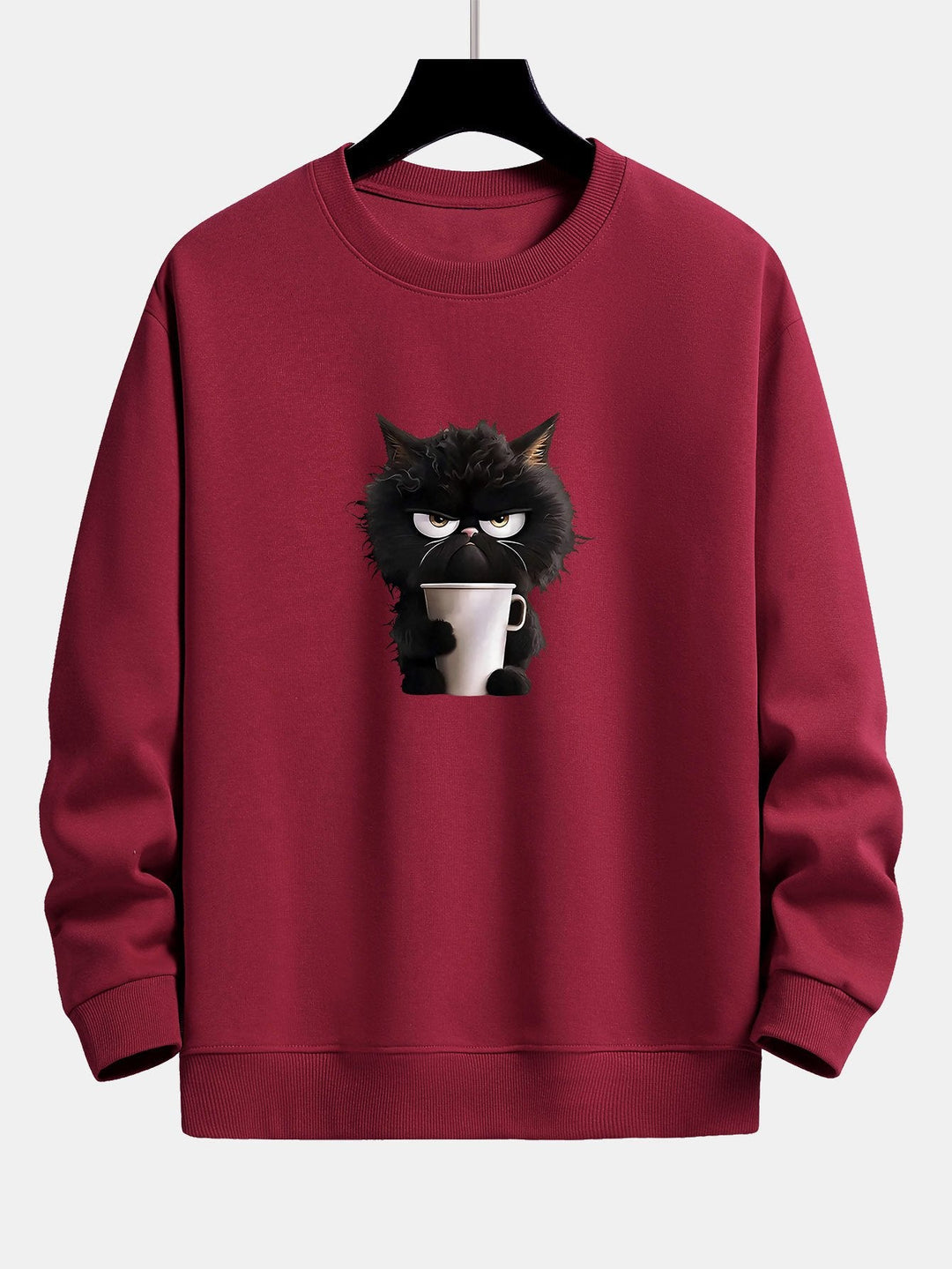 Zwarte Kat Drinkende Koffie Print Relax Fit Sweatshirt