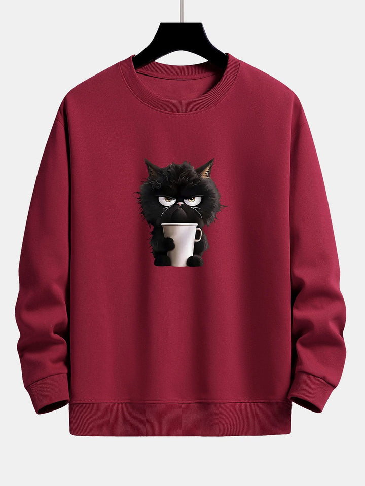 Zwarte Kat Drinkende Koffie Print Relax Fit Sweatshirt