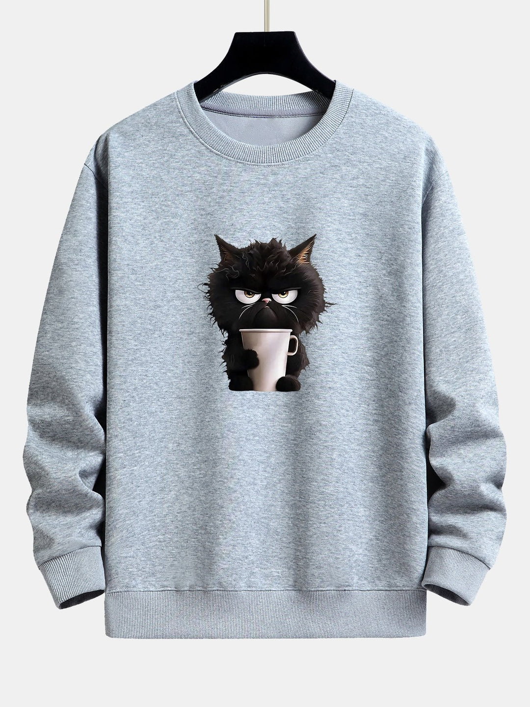 Zwarte Kat Drinkende Koffie Print Relax Fit Sweatshirt
