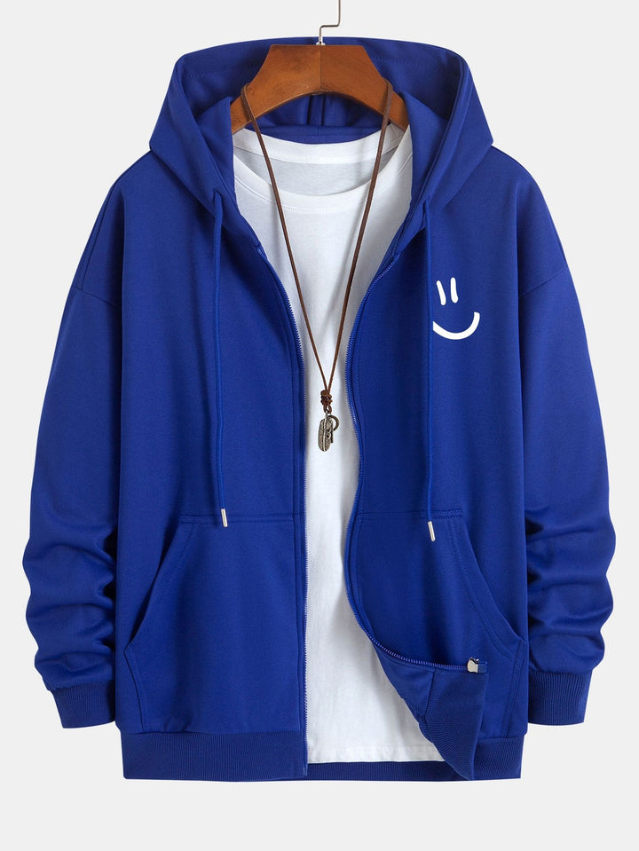 Smiley Face Print Relax Fit Zip Hoodie